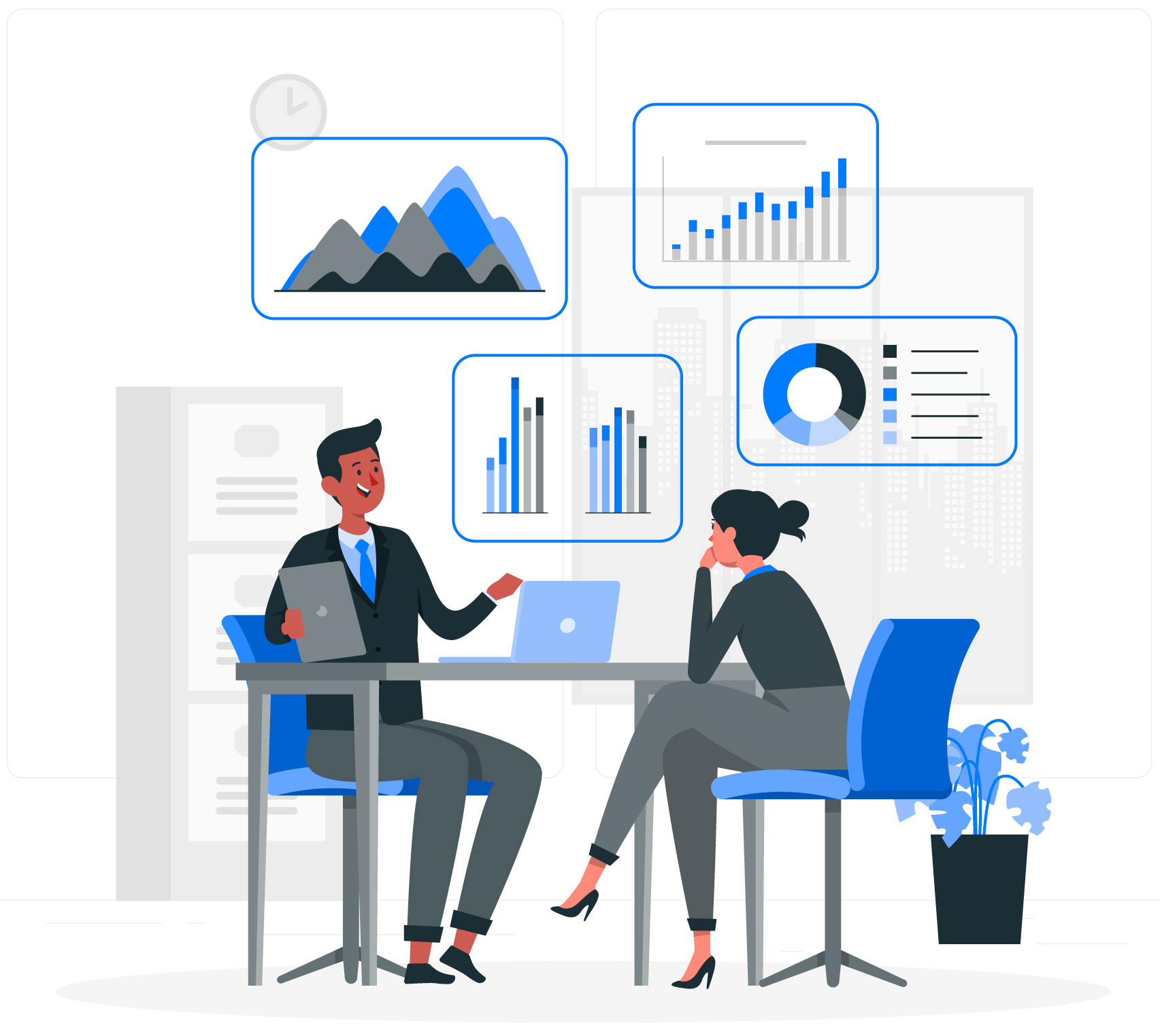 Illustration of a business team analysing graphs and charts